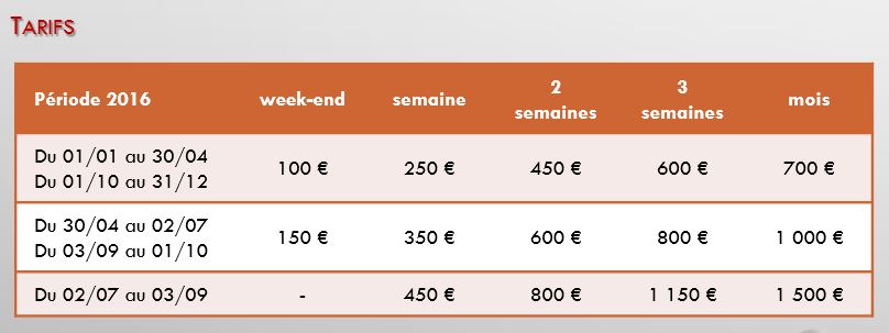 Tarifs location saisonnière